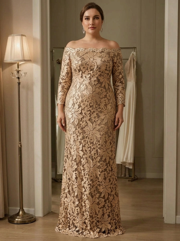 Robe mère de la mariée, Taille Plus, Gaine/Colonne, Hors de l'épaule, Dentelle, Manches 3/4, Longueur au Sol