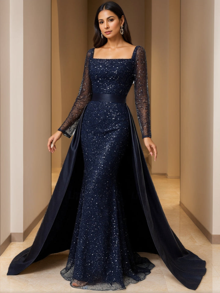 Robe mère de la mariée ligne A col carré sequins satin amovible manches longues, longueur sol