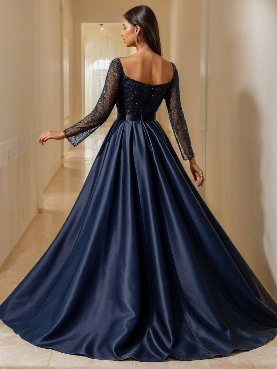 Robe mère de la mariée ligne A col carré sequins satin amovible manches longues, longueur sol