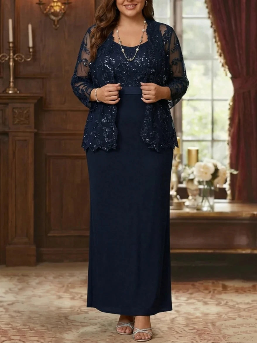 Robe Mère de la Mariée, Grande Taille, Gaine/Colonne, Col Rond, Manches Longues, Longueur de la Cheville, Mousseline, en Dentelle avec Veste