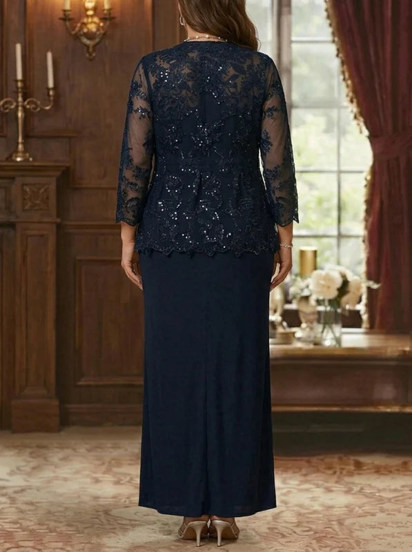 Robe Mère de la Mariée, Grande Taille, Gaine/Colonne, Col Rond, Manches Longues, Longueur de la Cheville, Mousseline, en Dentelle avec Veste