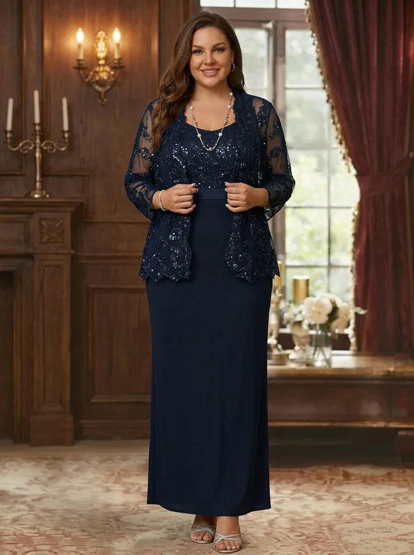 Robe Mère de la Mariée, Grande Taille, Gaine/Colonne, Col Rond, Manches Longues, Longueur de la Cheville, Mousseline, en Dentelle avec Veste