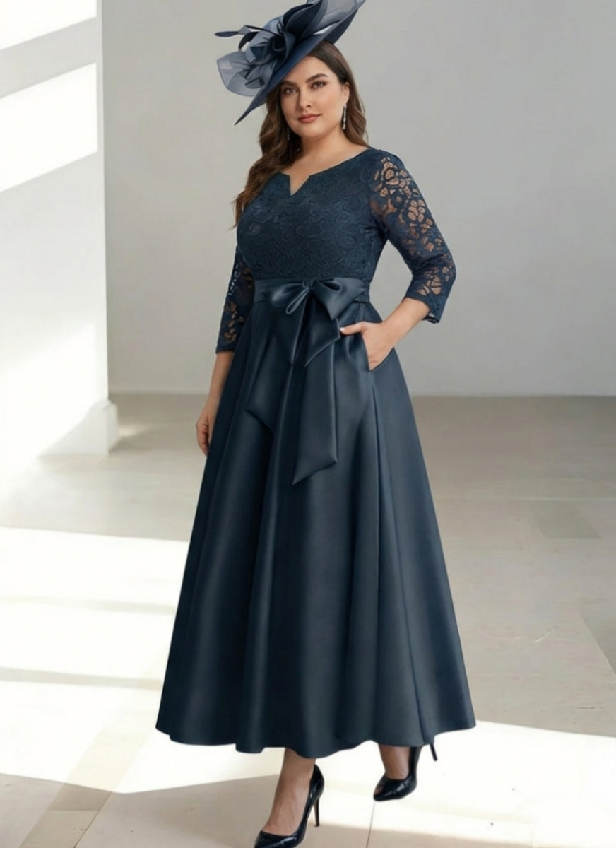 Robe mère de la mariée taille plus ligne A, satin col V, dentelle, manches 3/4, longueur cheville, nœud