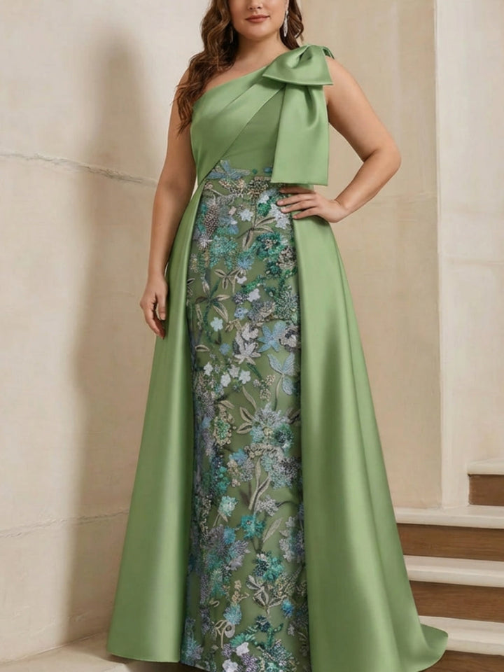 Robe mère de la mariée taille plus fourreau, satin une épaule, surjupe, sans manches, longueur sol, nœud