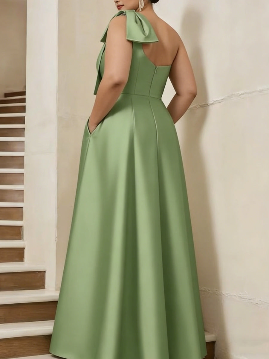 Robe mère de la mariée taille plus fourreau, satin une épaule, surjupe, sans manches, longueur sol, nœud