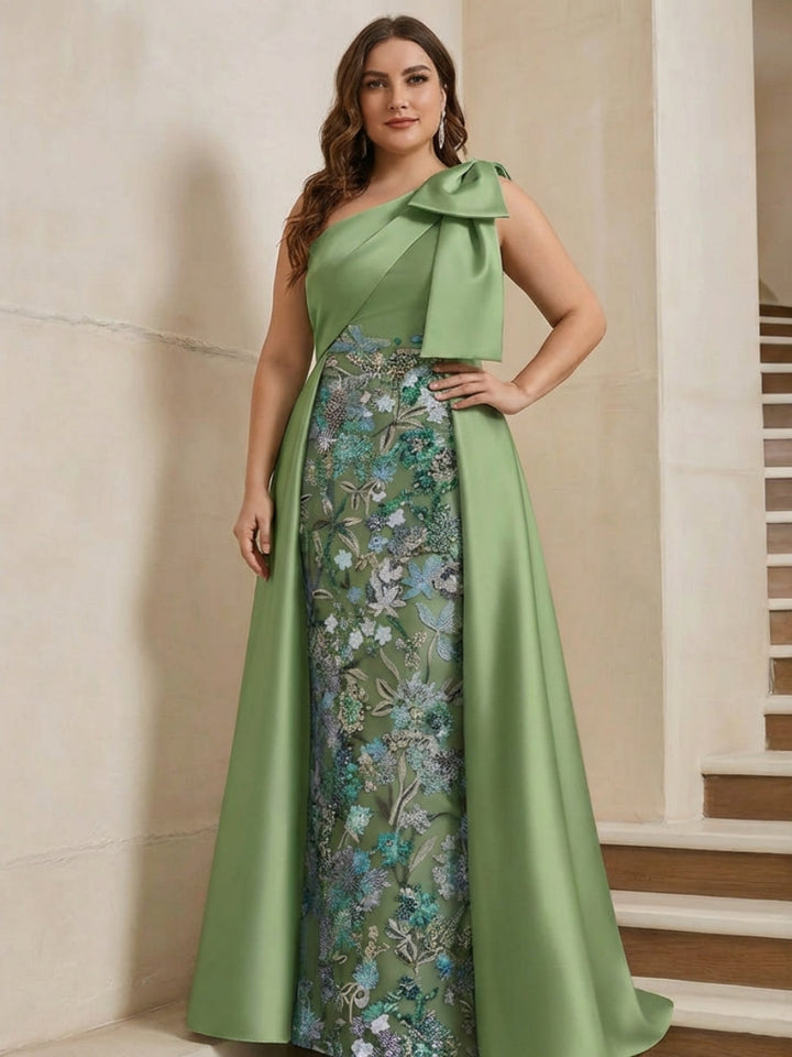 Robe mère de la mariée taille plus fourreau, satin une épaule, surjupe, sans manches, longueur sol, nœud