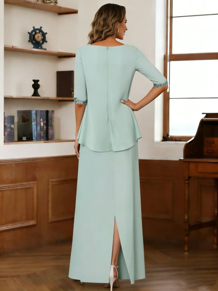 Robe mère de la mariée fourreau mousseline, col rond, manches mi-longues, longueur cheville, sequins et drapé