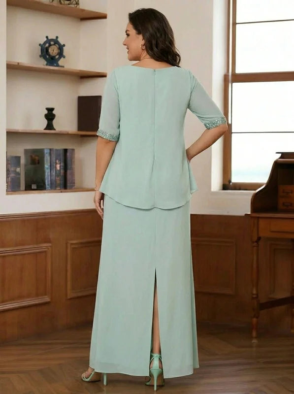 Robe Mère de la Mariée, Grande Taille, Gaine/Colonne, Col Rond, Manches Mi-Longues, Longueur de la Cheville, Mousseline, Froncée