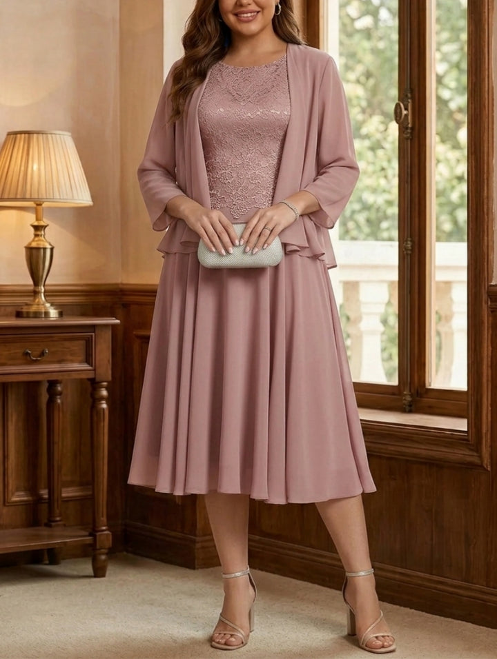 Robe mère de la mariée, Taille Plus, 2 Pièces, Ligne A/Princesse, Col Rond, Mousseline, Manches Longues, Longueur du Thé, Dentelle