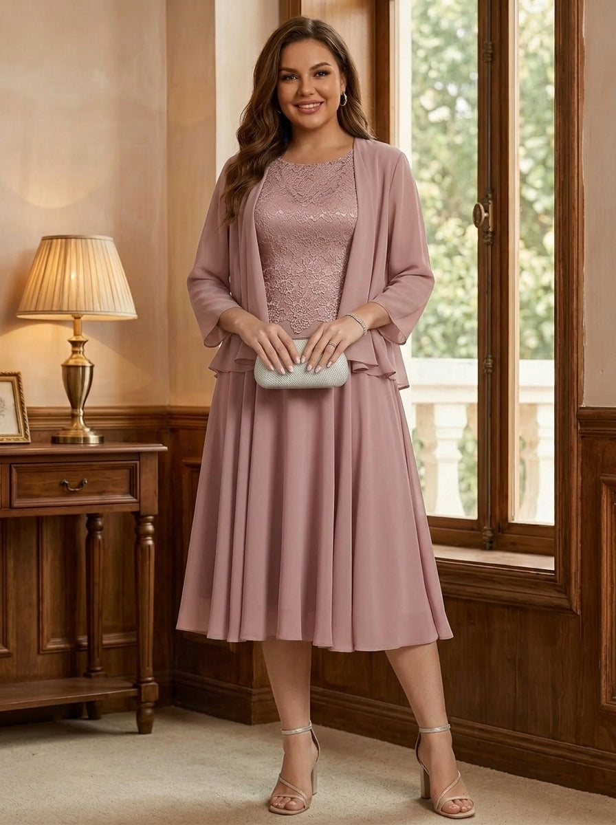 Robe mère de la mariée, Taille Plus, 2 Pièces, Ligne A/Princesse, Col Rond, Mousseline, Manches Longues, Longueur du Thé, Dentelle