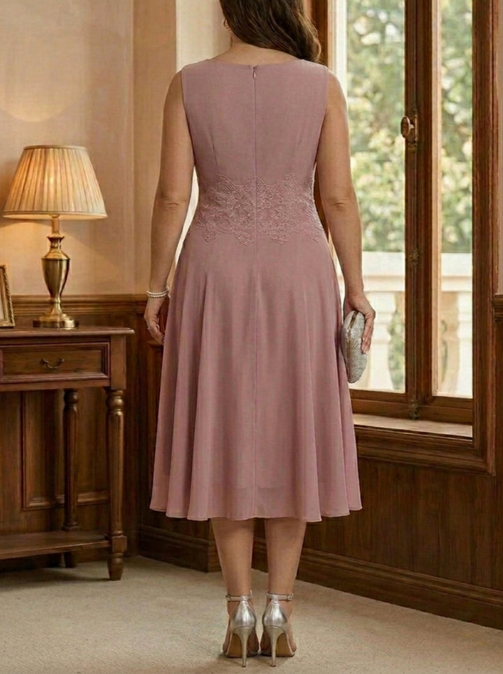 Robe mère de la mariée, Taille Plus, 2 Pièces, Ligne A/Princesse, Col Rond, Mousseline, Manches Longues, Longueur du Thé, Dentelle