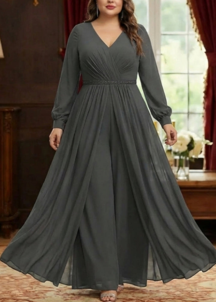 Combinaison mère de la mariée taille plus ligne A, mousseline col V, surjupe, manches longues, longueur cheville, drapé, ceinture