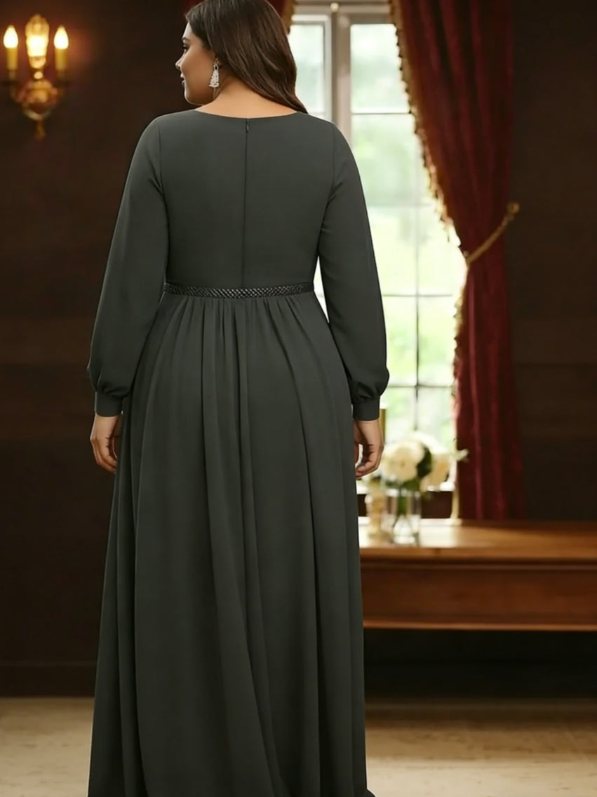 Combinaison mère de la mariée taille plus ligne A, mousseline col V, surjupe, manches longues, longueur cheville, drapé, ceinture