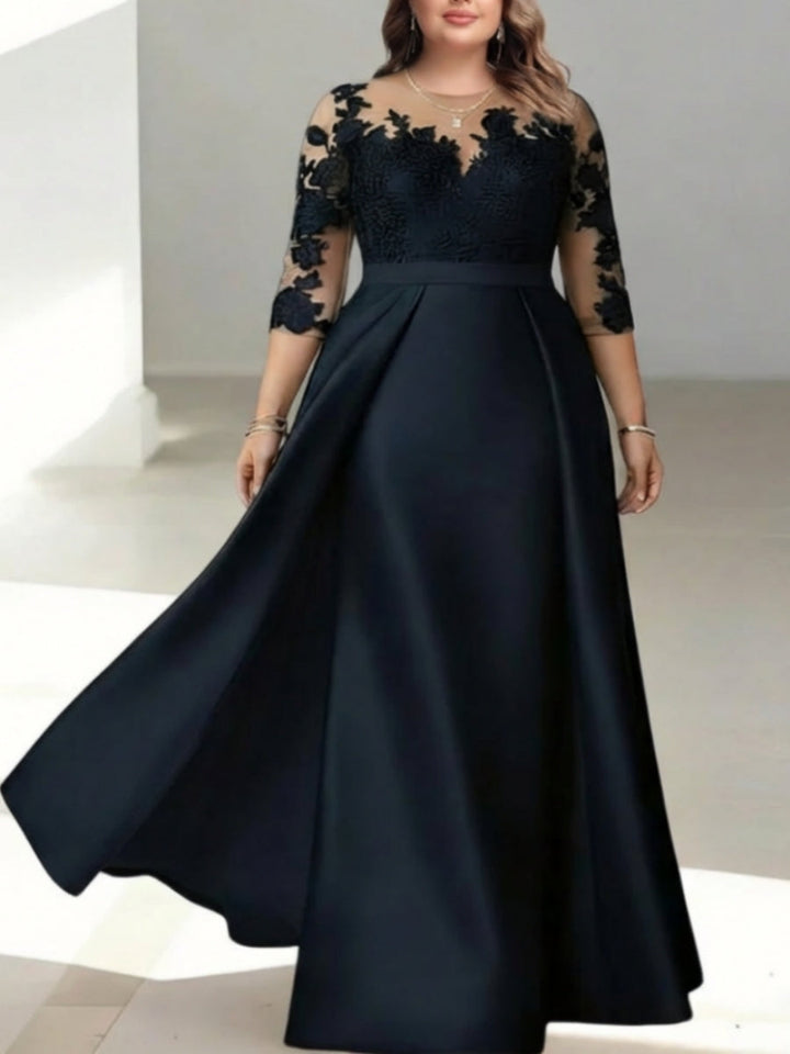 Robe mère de la mariée taille plus ligne A, satin col rond, manches 3/4, dentelle, longueur sol, imprimé floral
