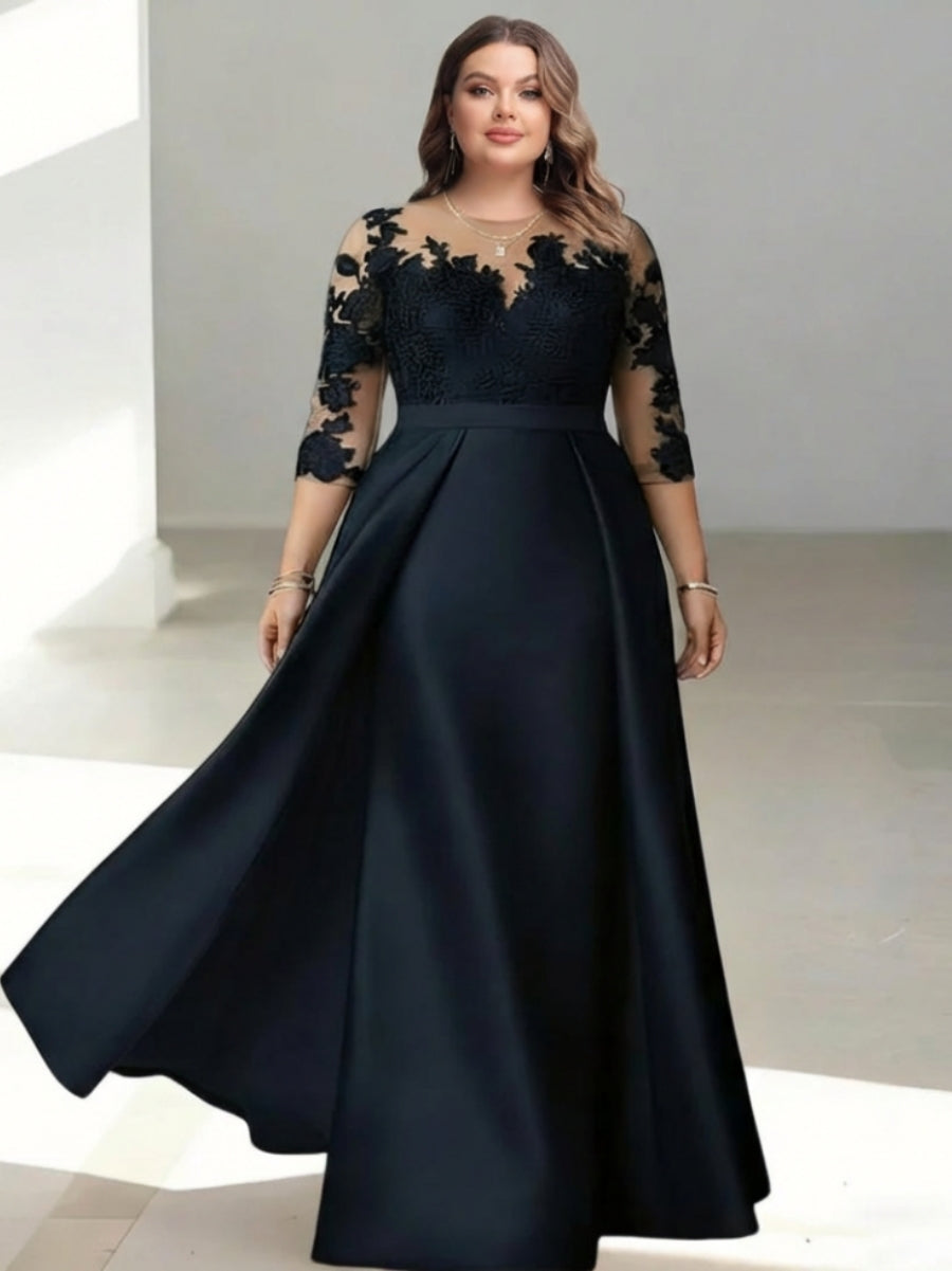 Robe mère de la mariée taille plus ligne A, satin col rond, manches 3/4, dentelle, longueur sol, imprimé floral