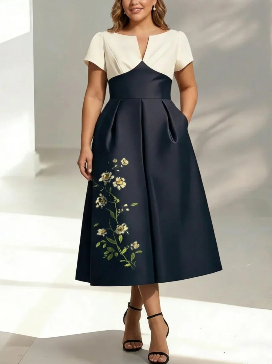 Robe Mère de la Mariée, Grande Taille, Ligne A/Princesse, Col en V, Manches Courtes, Longueur du Thé, en Satin