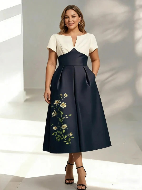 Robe Mère de la Mariée, Grande Taille, Ligne A/Princesse, Col en V, Manches Courtes, Longueur du Thé, en Satin