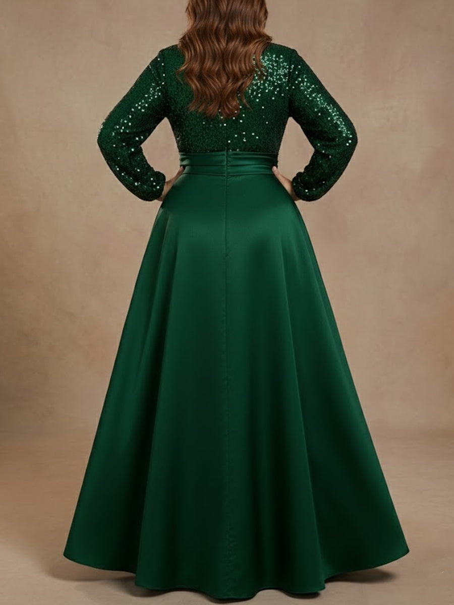 Robe mère de la mariée, taille plus, coupe A/ princesse, col V, satin, Paillettes, poche, manches longues, longueur sol