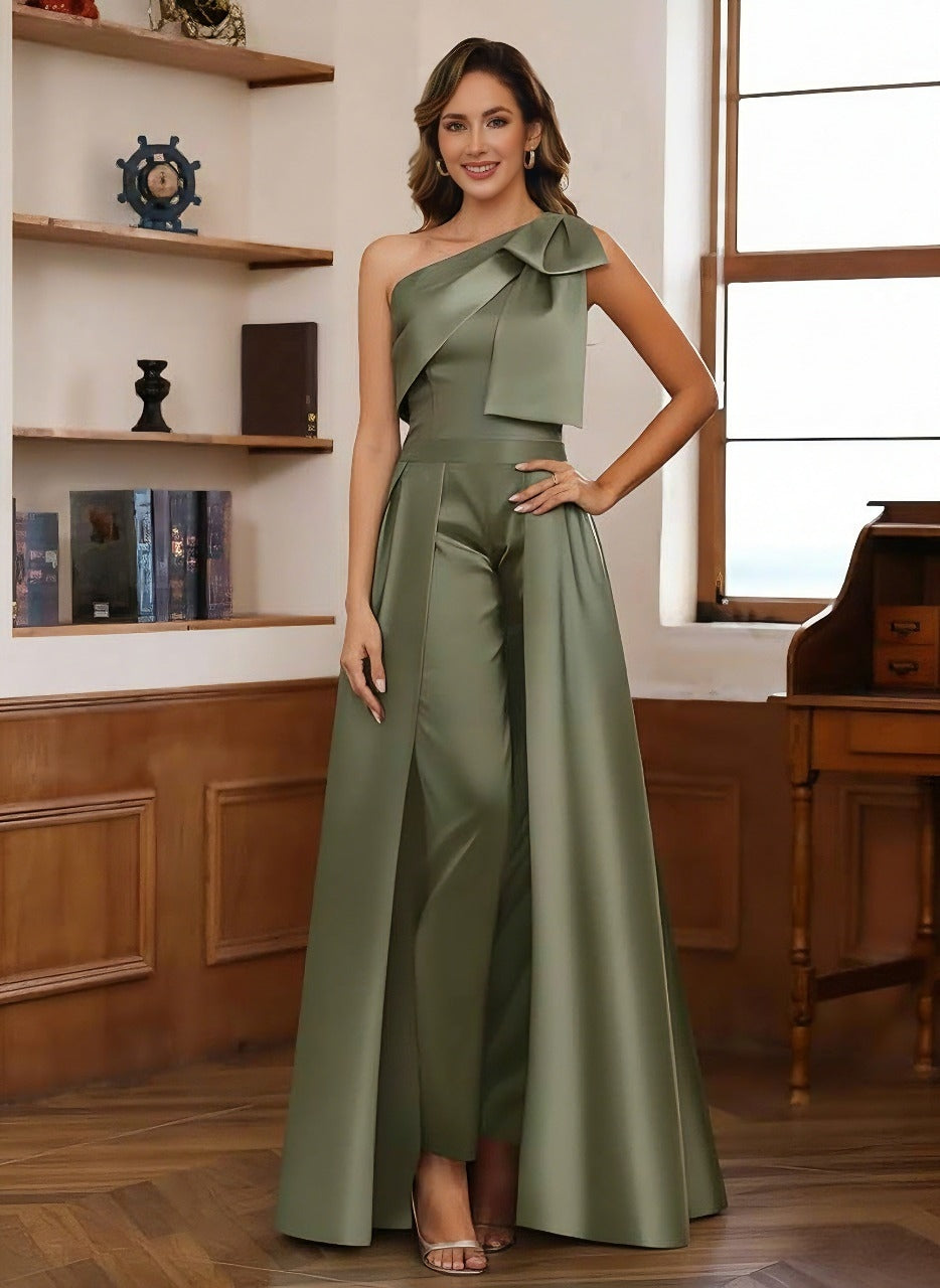 Ensemble pantalon / combinaison mère de la mariée satin une épaule, surjupe amovible, sans manches, nœud, longueur sol
