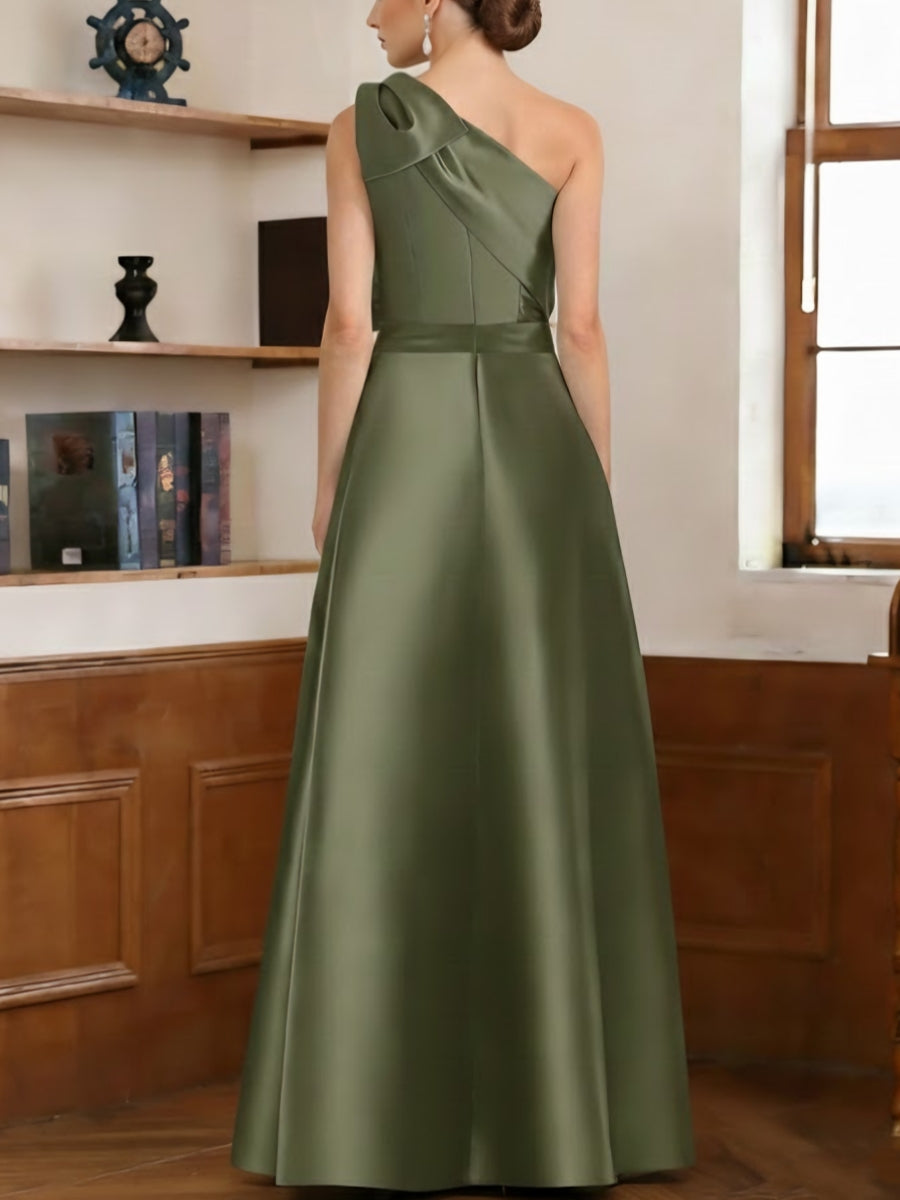 Ensemble pantalon / combinaison mère de la mariée satin une épaule, surjupe amovible, sans manches, nœud, longueur sol