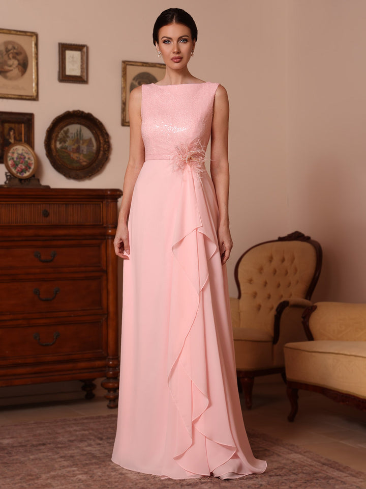 Ligne A/Princesse Col Bénitier Mousseline Robes Mère de La Mariée Paillettes Longueur du Sol Sans Manches Froufrous