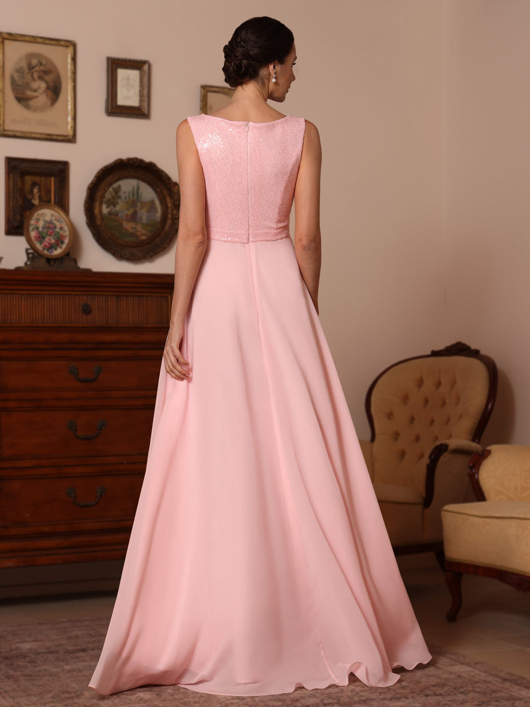 Ligne A/Princesse Col Bénitier Mousseline Robes Mère de La Mariée Paillettes Longueur du Sol Sans Manches Froufrous