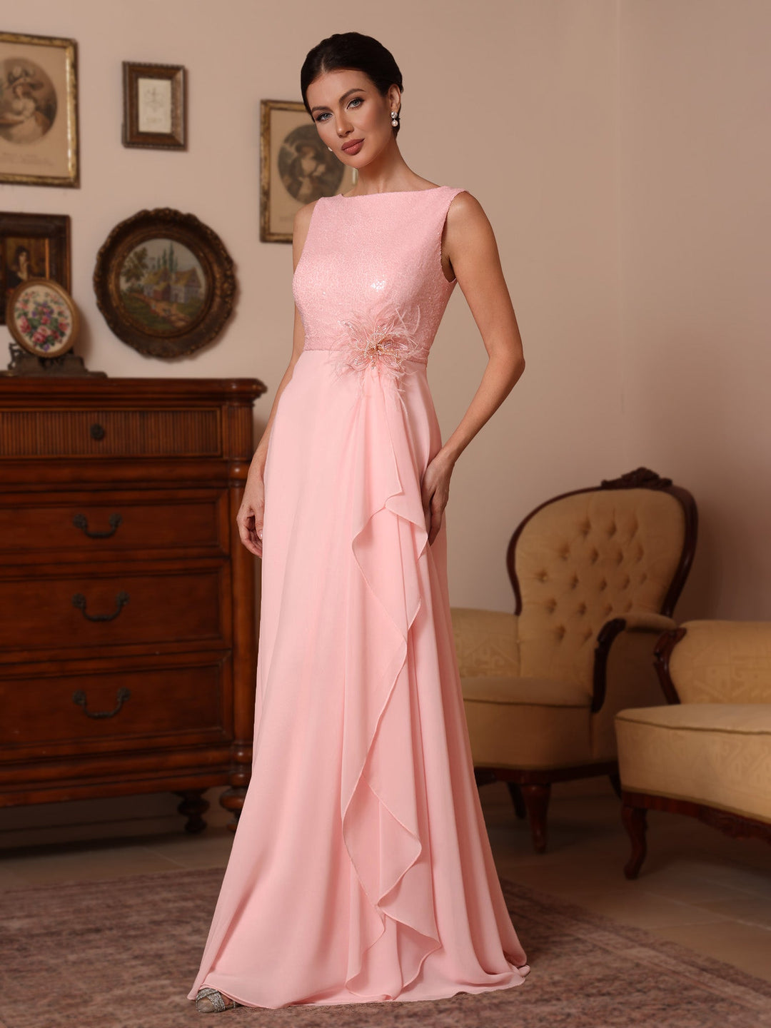 Ligne A/Princesse Col Bénitier Mousseline Robes Mère de La Mariée Paillettes Longueur du Sol Sans Manches Froufrous