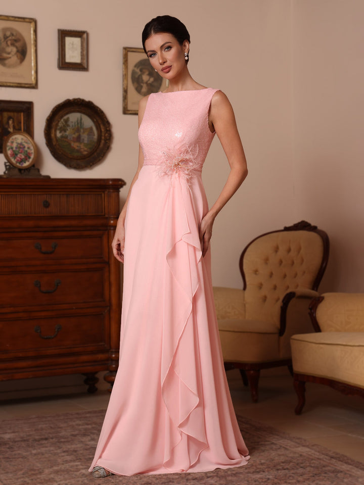 Ligne A/Princesse Col Bénitier Mousseline Robes Mère de La Mariée Paillettes Longueur du Sol Sans Manches Froufrous