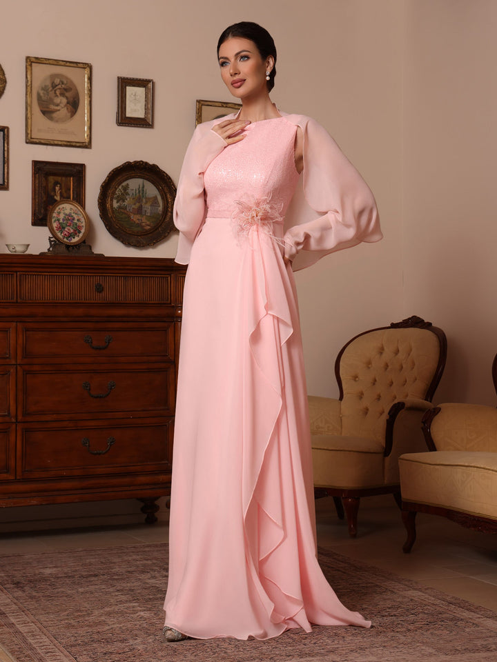 Ligne A/Princesse Col Bénitier Mousseline Robes Mère de La Mariée Paillettes Longueur du Sol Sans Manches Froufrous