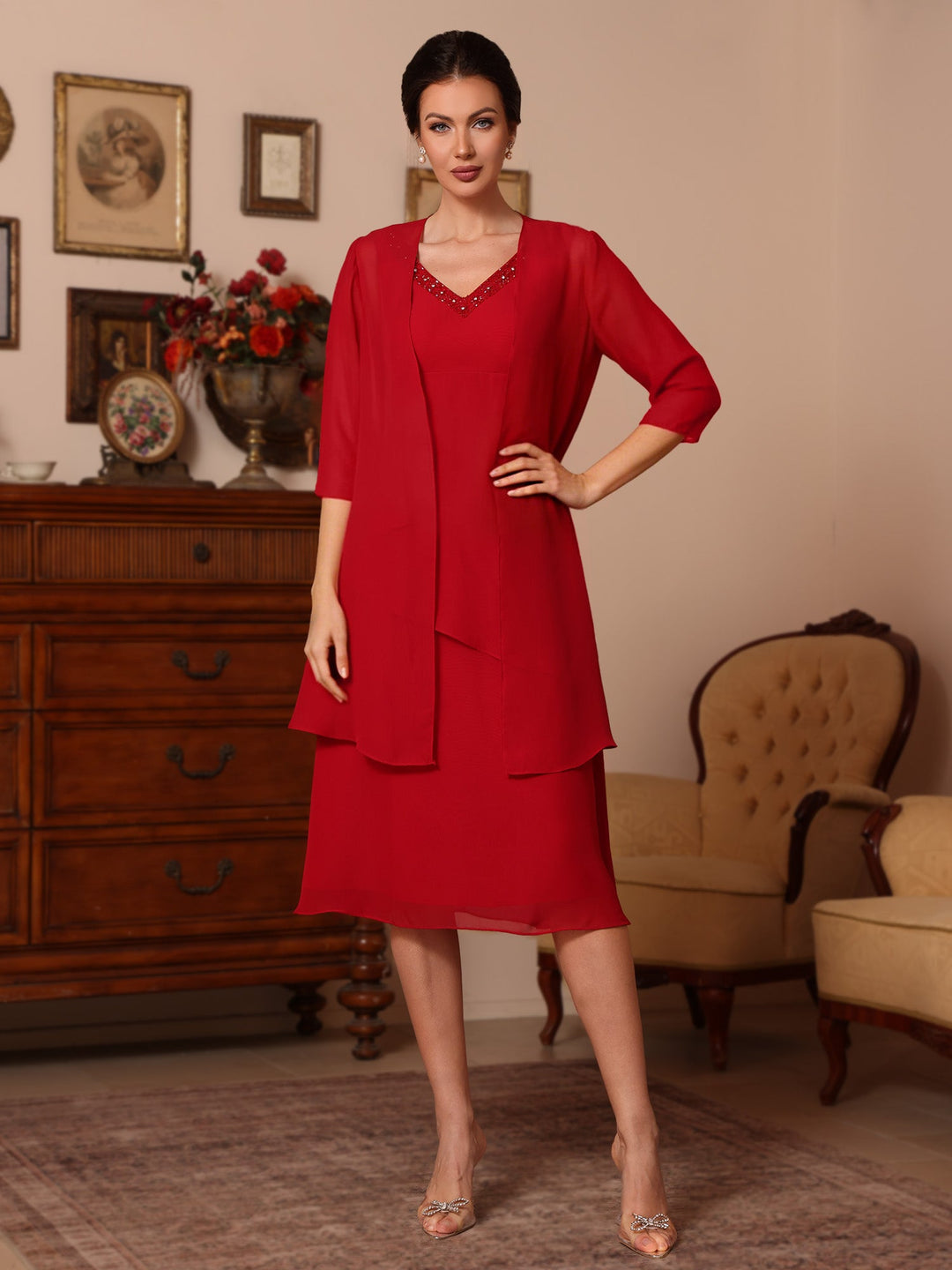 2 Pièces Gaine/Colonne Col en V  Mousseline Robes Mère de La Mariée avec Veste Perles Longueur Genou  1/2 Manches