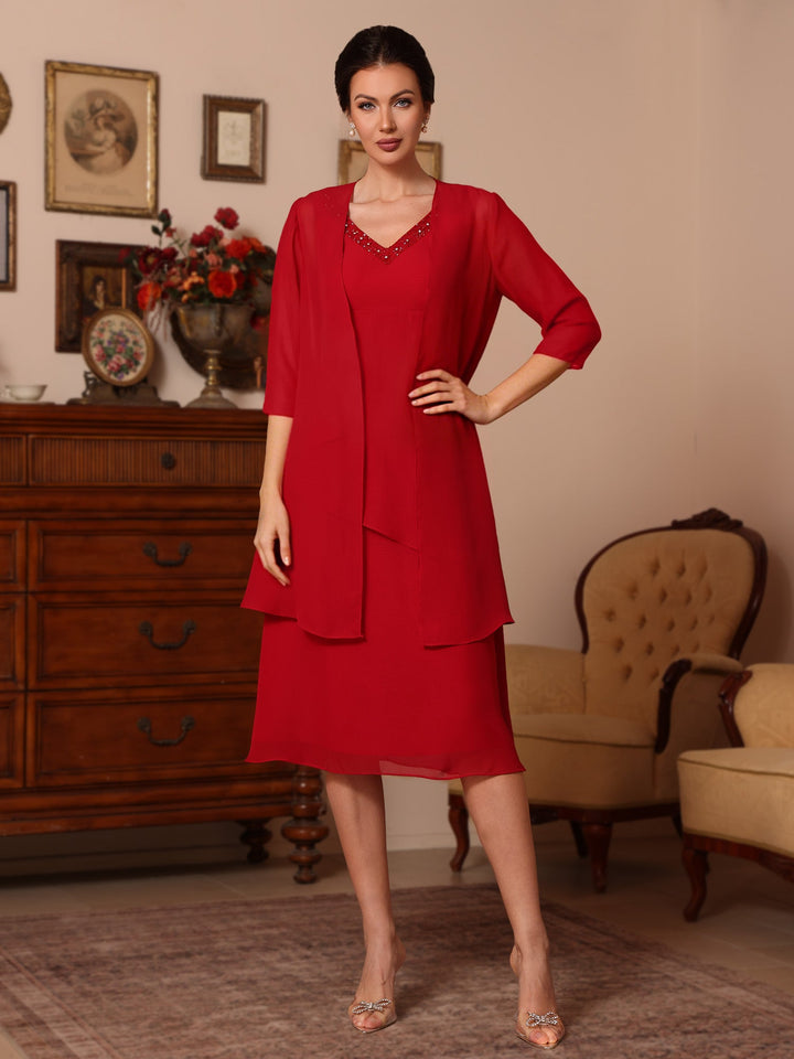 2 Pièces Gaine/Colonne Col en V  Mousseline Robes Mère de La Mariée avec Veste Perles Longueur Genou  1/2 Manches