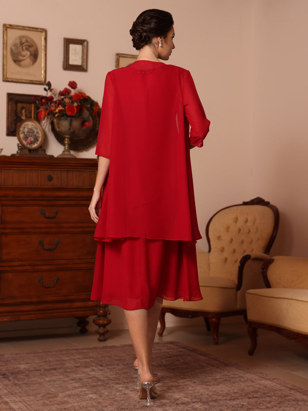 2 Pièces Gaine/Colonne Col en V  Mousseline Robes Mère de La Mariée avec Veste Perles Longueur Genou  1/2 Manches
