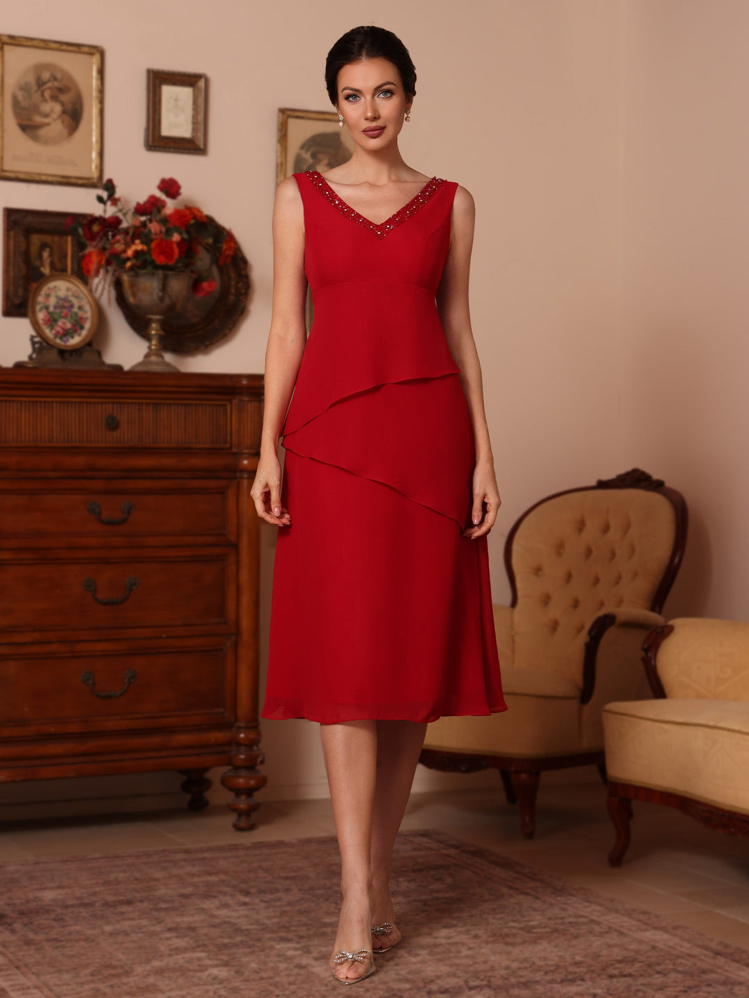 2 Pièces Gaine/Colonne Col en V  Mousseline Robes Mère de La Mariée avec Veste Perles Longueur Genou  1/2 Manches