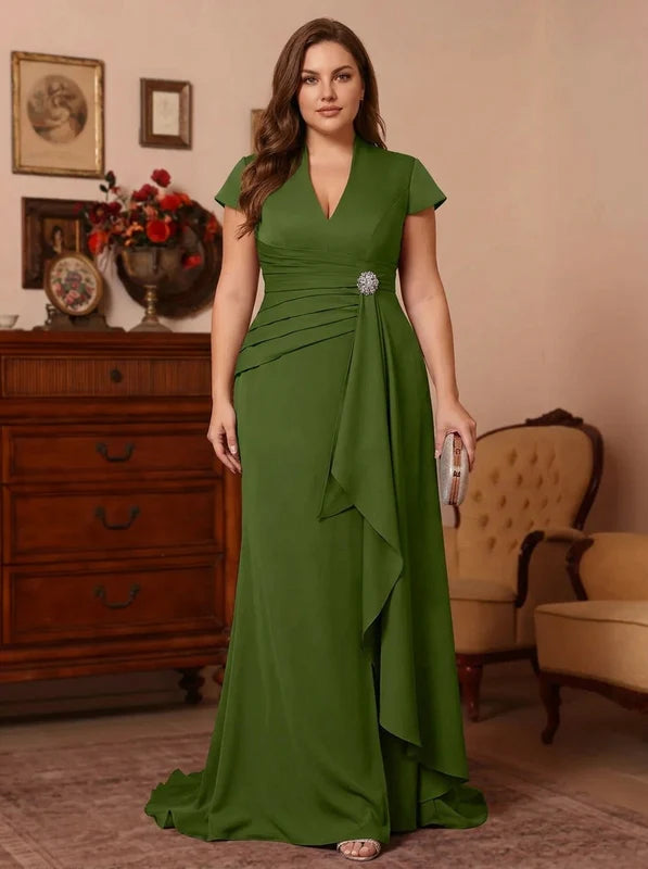 Robe Mère de la Mariée, Grande Taille, Trompette/Sirène, Col en V, Manches Cape, Longueur au Sol, Satin Élastique