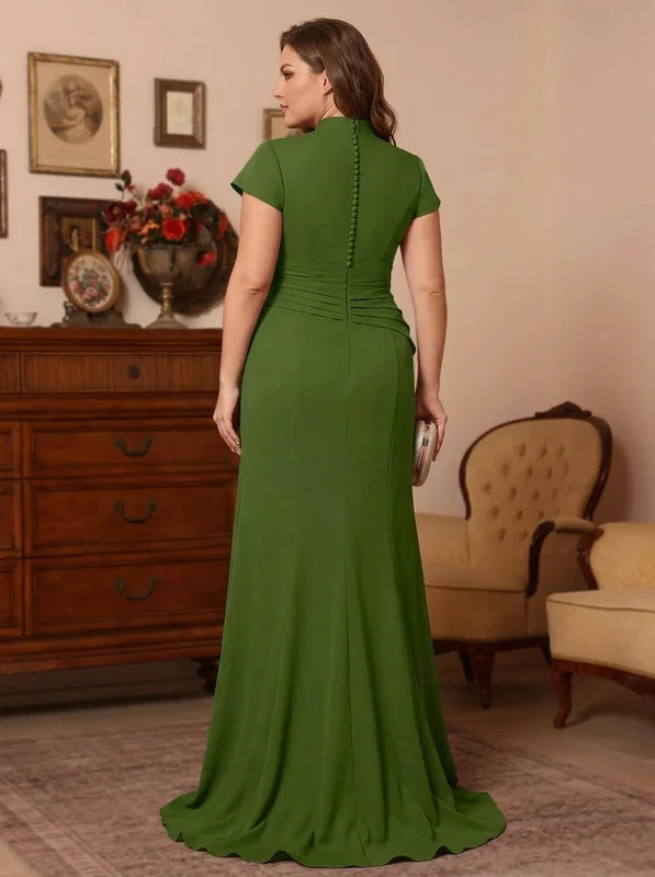 Robe Mère de la Mariée, Grande Taille, Trompette/Sirène, Col en V, Manches Cape, Longueur au Sol, Satin Élastique