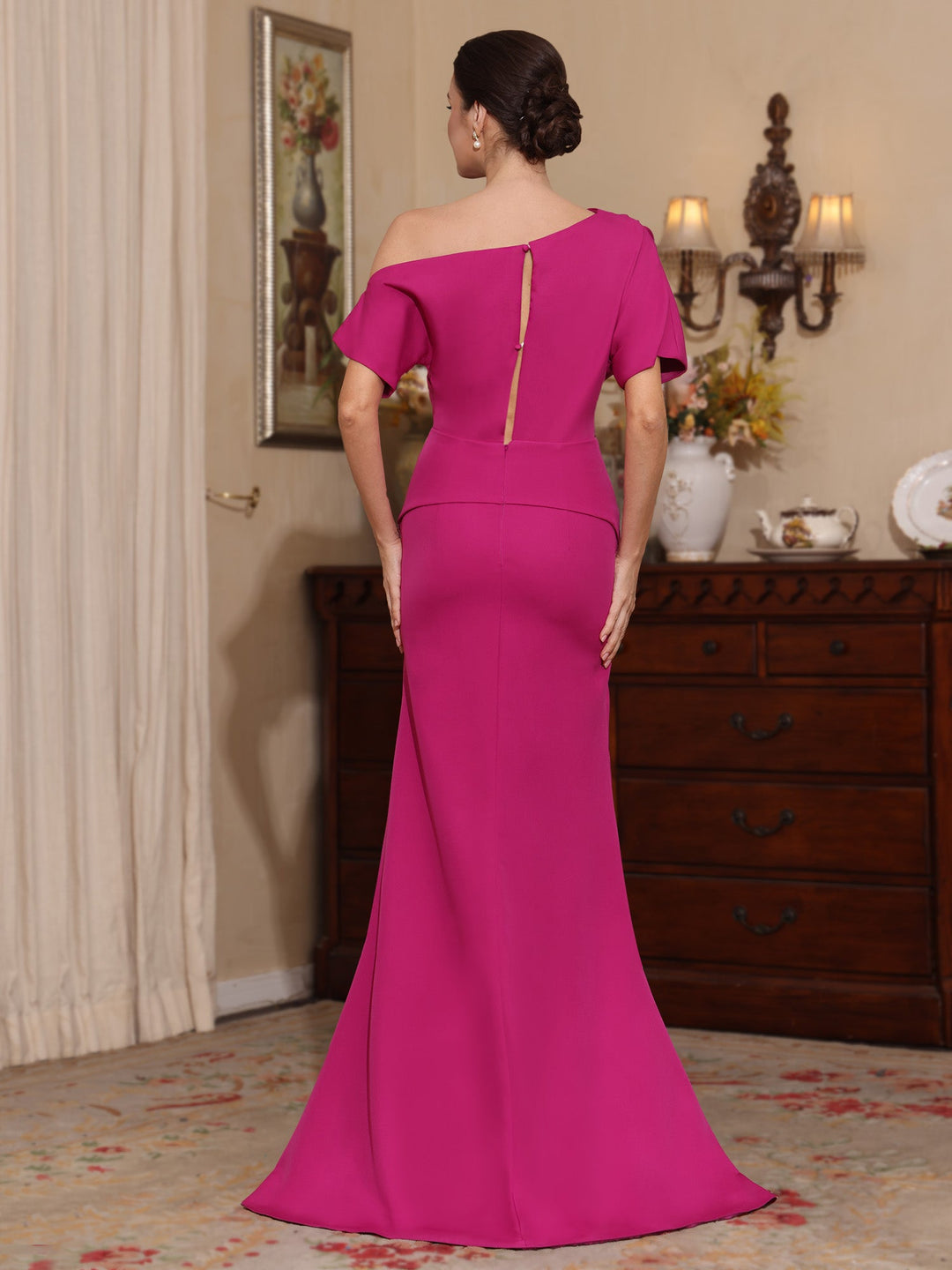 Trompette/Sirène Une Épaule Satin Extensible Robes Mère de La Mariée Longueur du Sol Fente Latérale