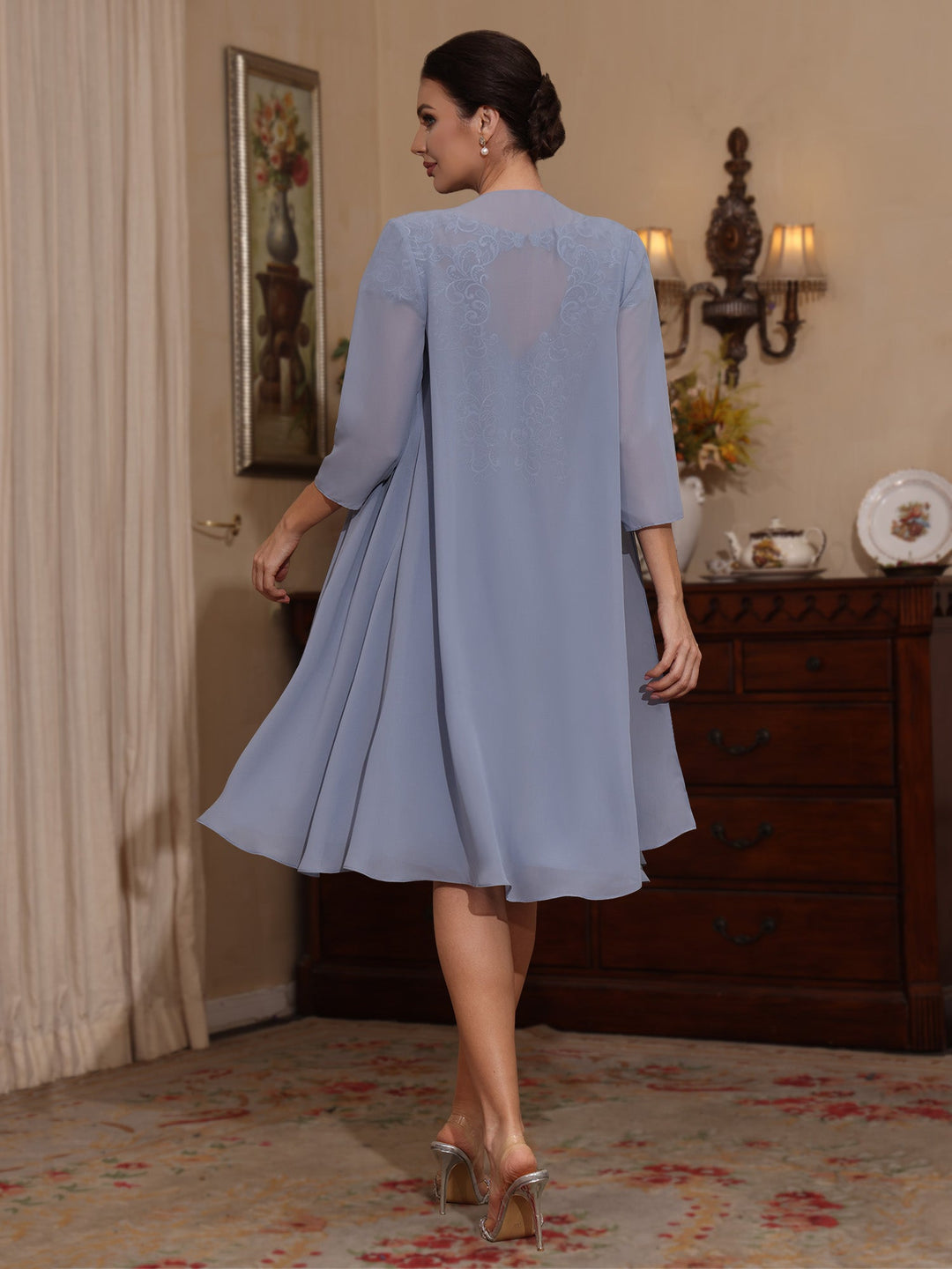 2 Pièces Gaine/Colonne Scoop Mousseline Robes Mère de La Mariée avec Veste Dentelle  Longueur Genou  3/4 Manches