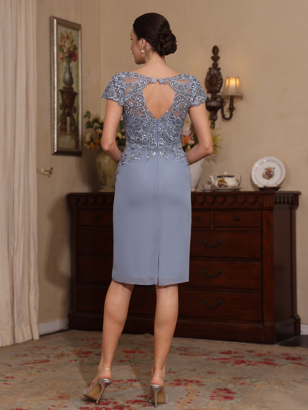 2 Pièces Gaine/Colonne Scoop Mousseline Robes Mère de La Mariée avec Veste Dentelle  Longueur Genou  3/4 Manches