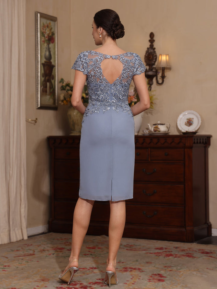 2 Pièces Gaine/Colonne Scoop Mousseline Robes Mère de La Mariée avec Veste Dentelle  Longueur Genou  3/4 Manches