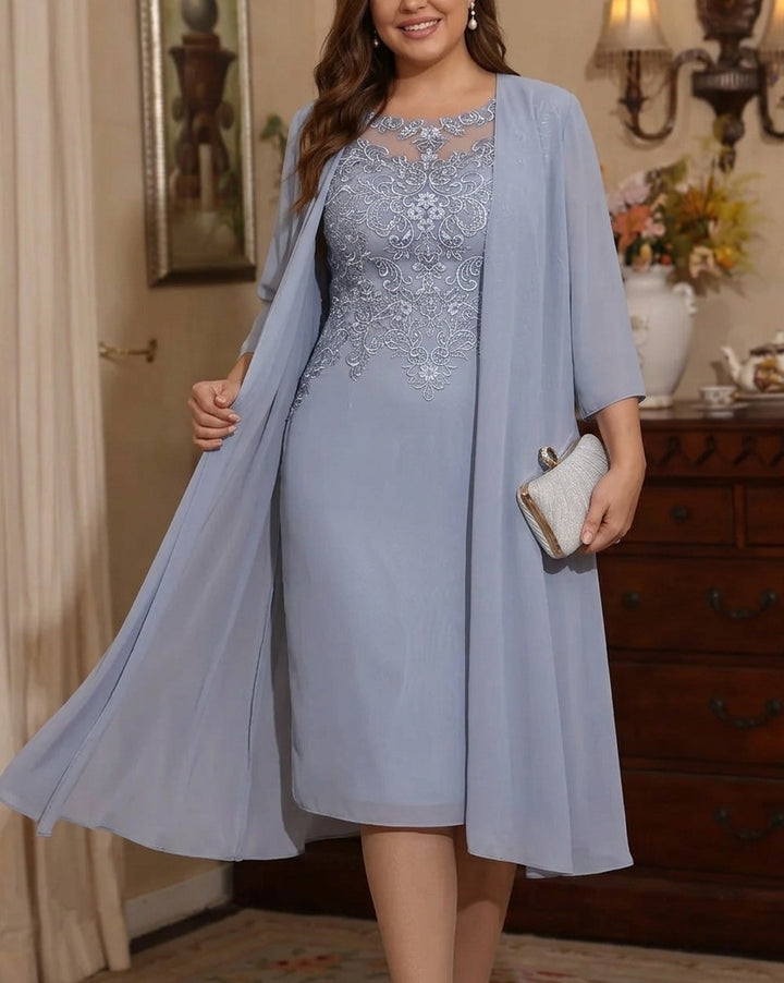Robe mère de la mariée, Taille Plus, 2 Pièces, Gaine/Colonne, Col Rond, Mousseline, Manches 3/4, Longueur Genoux, Dentelle