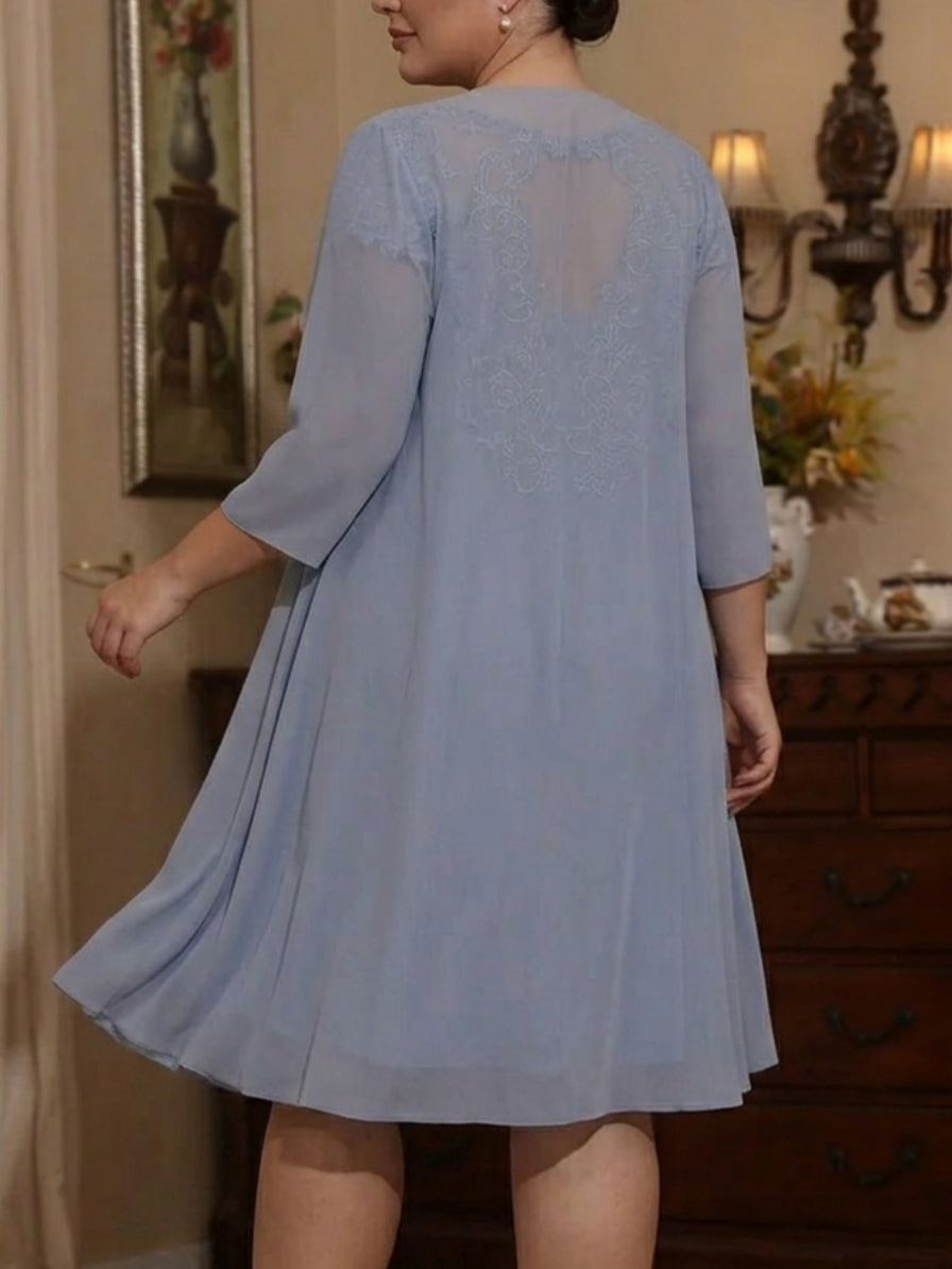Robe mère de la mariée, Taille Plus, 2 Pièces, Gaine/Colonne, Col Rond, Mousseline, Manches 3/4, Longueur Genoux, Dentelle