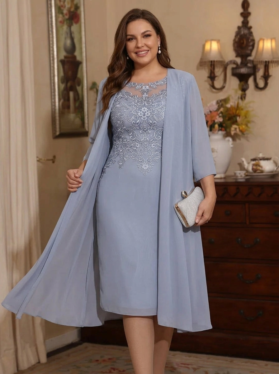 Robe mère de la mariée, Taille Plus, 2 Pièces, Gaine/Colonne, Col Rond, Mousseline, Manches 3/4, Longueur Genoux, Dentelle