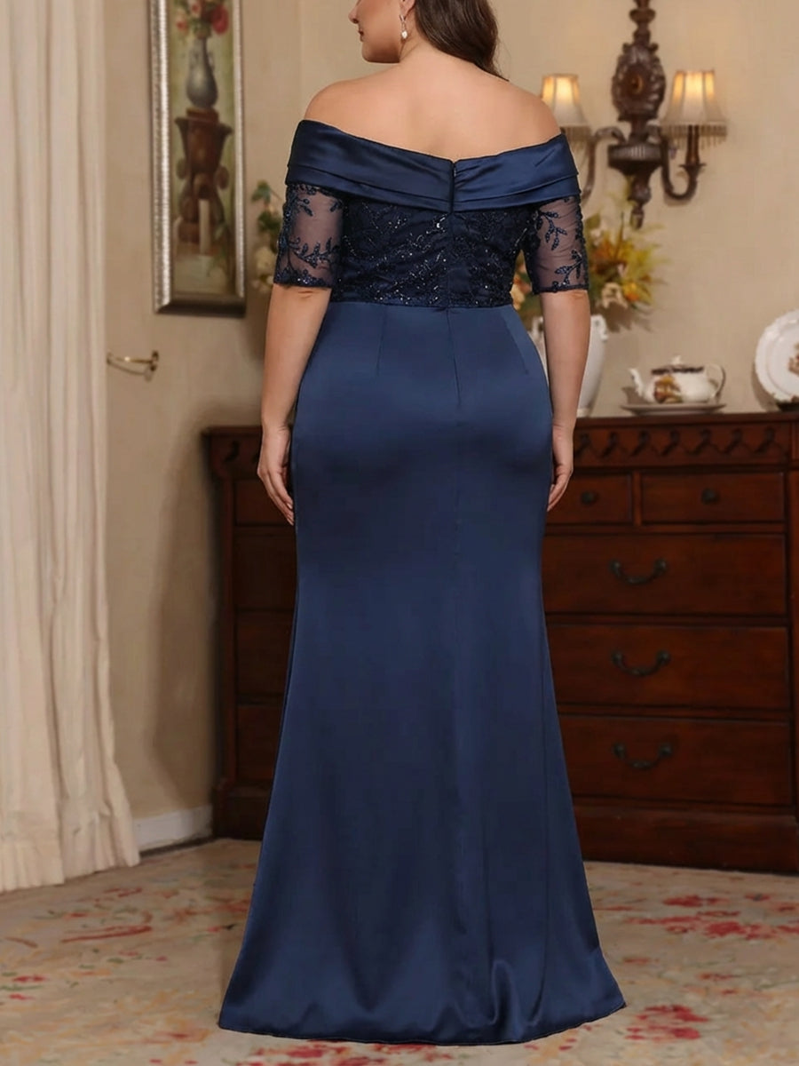 Robe mère de la mariée, taille plus, fourreau/colonne, décolleté Hors de l'Épaule, satin, dentelle, manches mi-longues, longueur sol, fente latérale