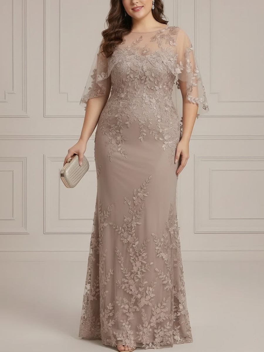Robe mère de la mariée, taille plus, 2 pièces, fourreau/colonne, col rond, dentelle, ceinture, perles, fleuri, manches mi-longues, longueur sol