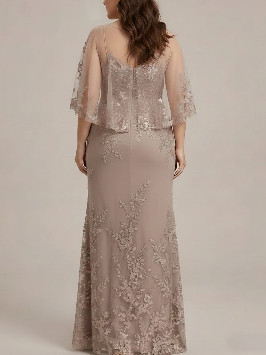 Robe mère de la mariée, taille plus, 2 pièces, fourreau/colonne, col rond, dentelle, ceinture, perles, fleuri, manches mi-longues, longueur sol