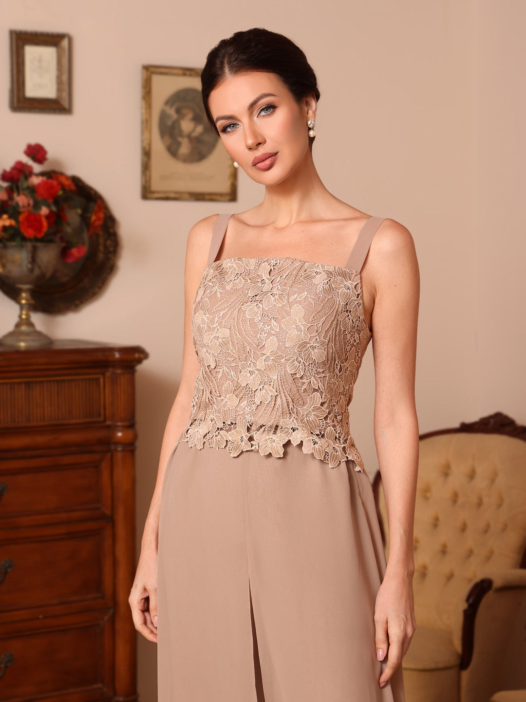 3 Pièces Col Carré Mousseline Mère de la Mariée Costume Pantalon avec Veste Jupe Supérieure  Dentelle Longueur du Sol  Manches Longues