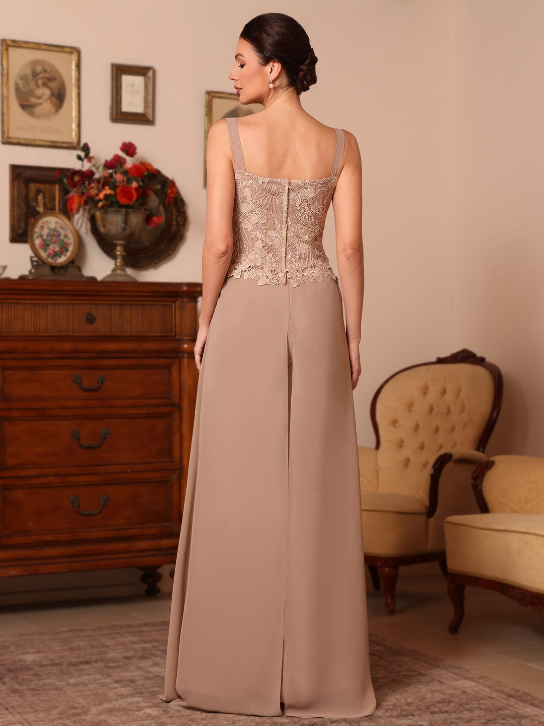 3 Pièces Col Carré Mousseline Mère de la Mariée Costume Pantalon avec Veste Jupe Supérieure  Dentelle Longueur du Sol  Manches Longues