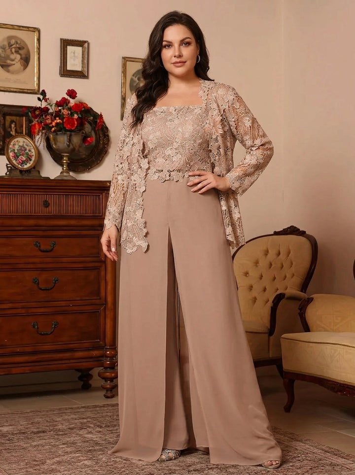 Robe mère de la mariée, Taille Plus, 3 Pièces, Costume-Pantalon, Col Carré, Mousseline, Sans Longues, Longueur au Sol, Dentelle