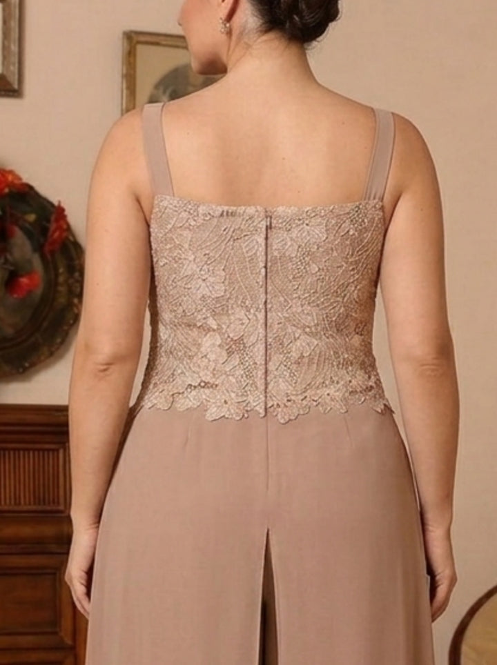 Robe mère de la mariée, Taille Plus, 3 Pièces, Costume-Pantalon, Col Carré, Mousseline, Sans Longues, Longueur au Sol, Dentelle