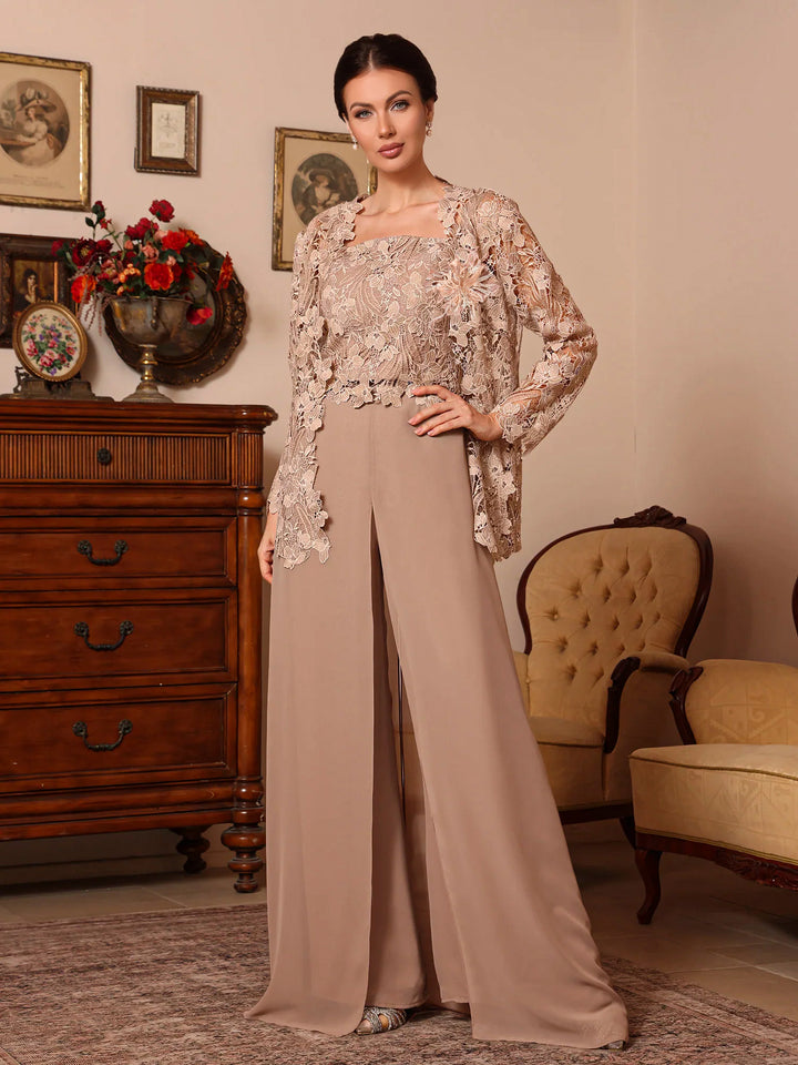 3 Pièces Col Carré Mousseline Mère de la Mariée Costume Pantalon avec Veste Jupe Supérieure  Dentelle Longueur du Sol  Manches Longues